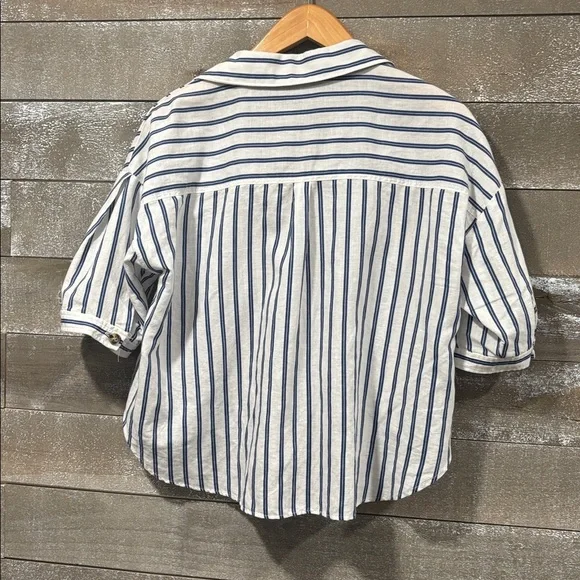 Zara blue striped linen blend crop relaxed top size M - Picture 5 of 6